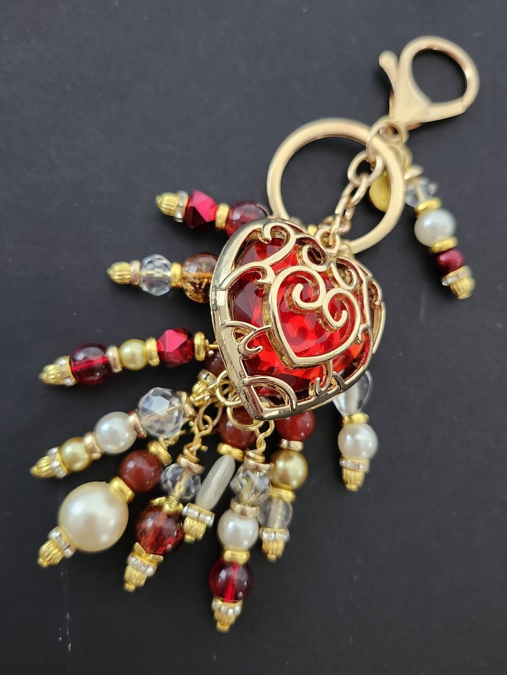 Red Heart Purse Charm Carnelian Crystal Glass Handcrafted